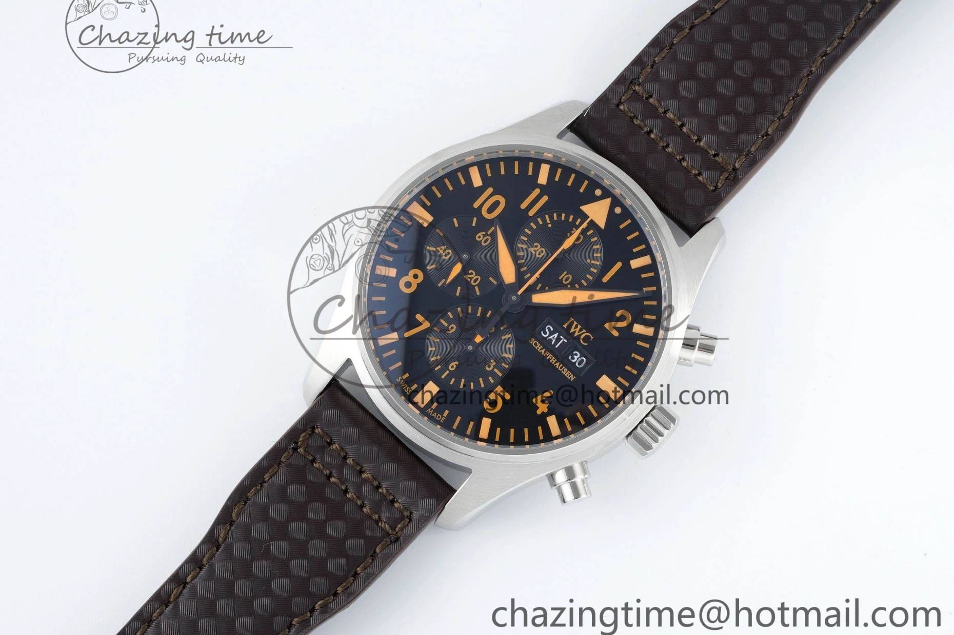 MIROTIME 0503 Pilot Chrono SS AZF 1:1 Best Edition Black Dial Orange Markers on Brown Leather Strap A EasyCare 7065